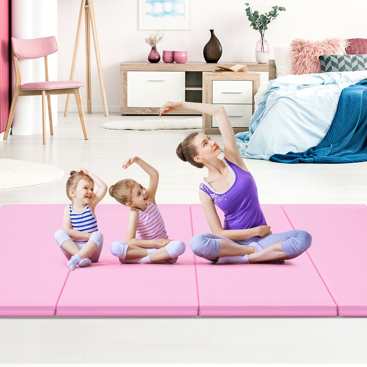 4' x 8' x 2'' Foldable Gymnastics Mat Four Panels Gym Mat with PU Leather and EPE Foam Blue/Pink