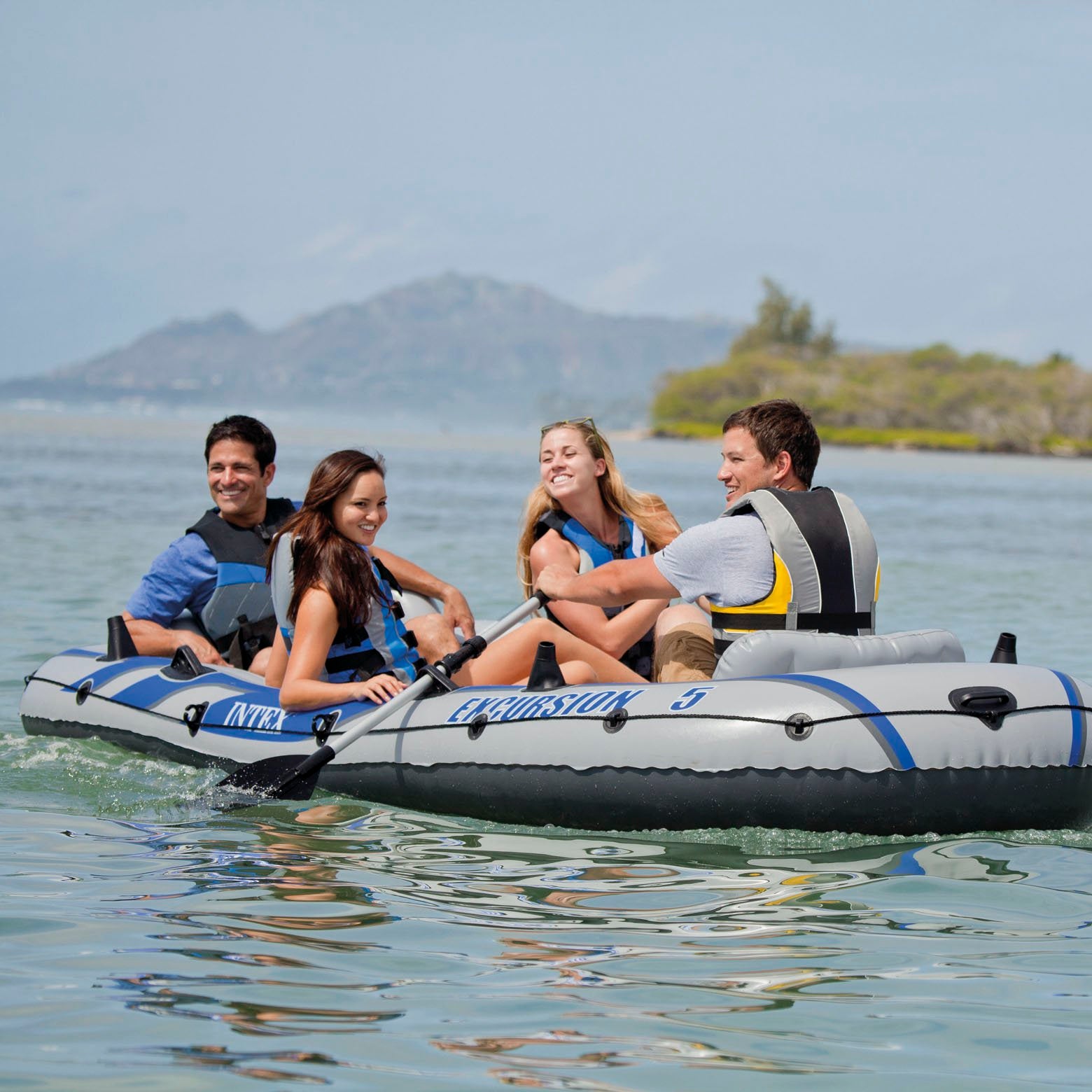 Intex Excursion 5 Person Inflatable Rafting and Fishing Boat Set with 2 Oars
