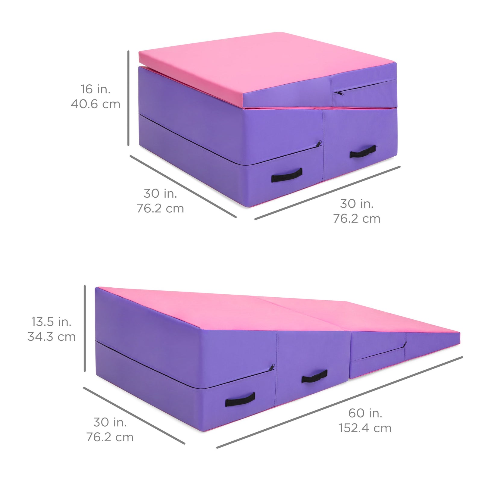 Best Choice Products 60x30x14in Folding 2-Panel Foam Cheese Wedge Incline Gym Mat for Tumbling, Aerobics, Cheer, Dance w/ Handles - Pink/Purple