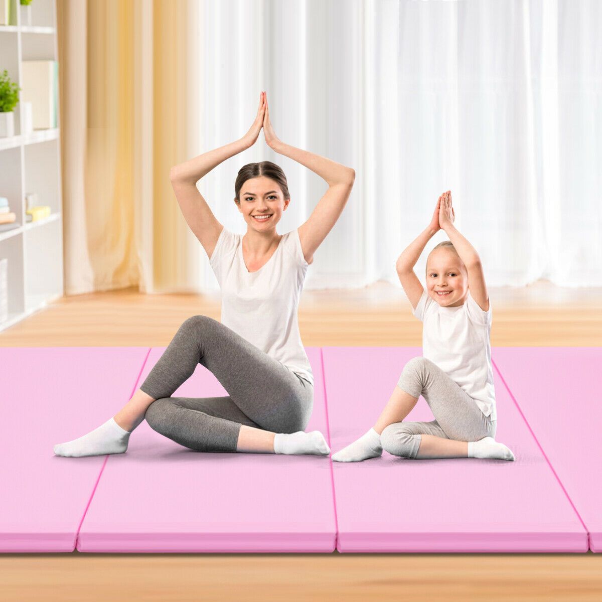 4' x 8' x 2'' Foldable Gymnastics Mat Four Panels Gym Mat with PU Leather and EPE Foam Blue/Pink